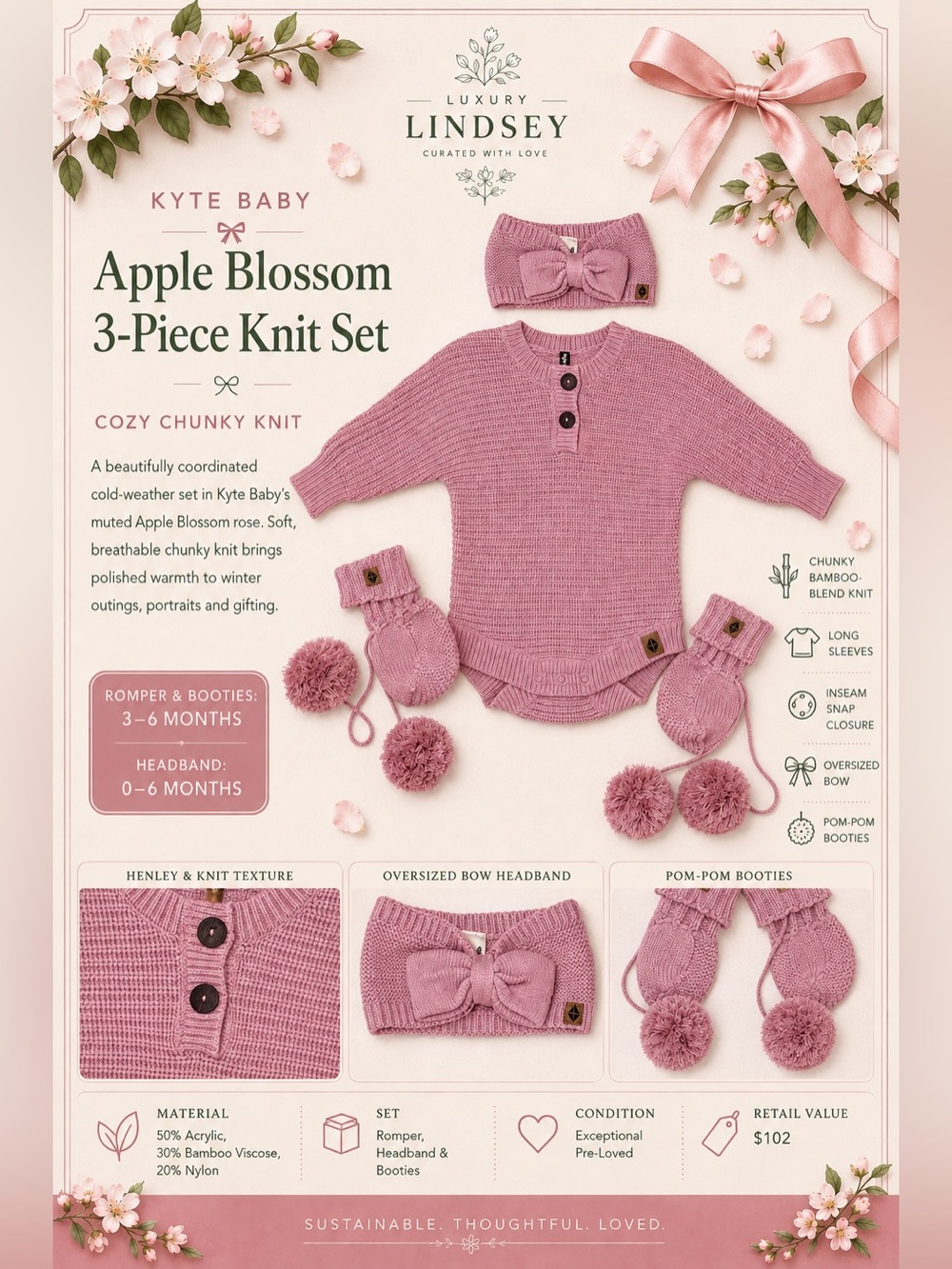 Kyte Baby Apple Blossom 3-Piece Knit Set 🎀🧶🌸 Apple Blossom Pink (3 — 6 months)